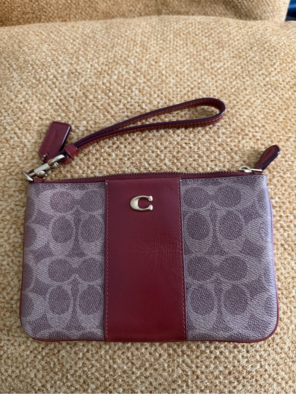 Coach Burgundy Signature Canvas Wristlet with Leather Trim